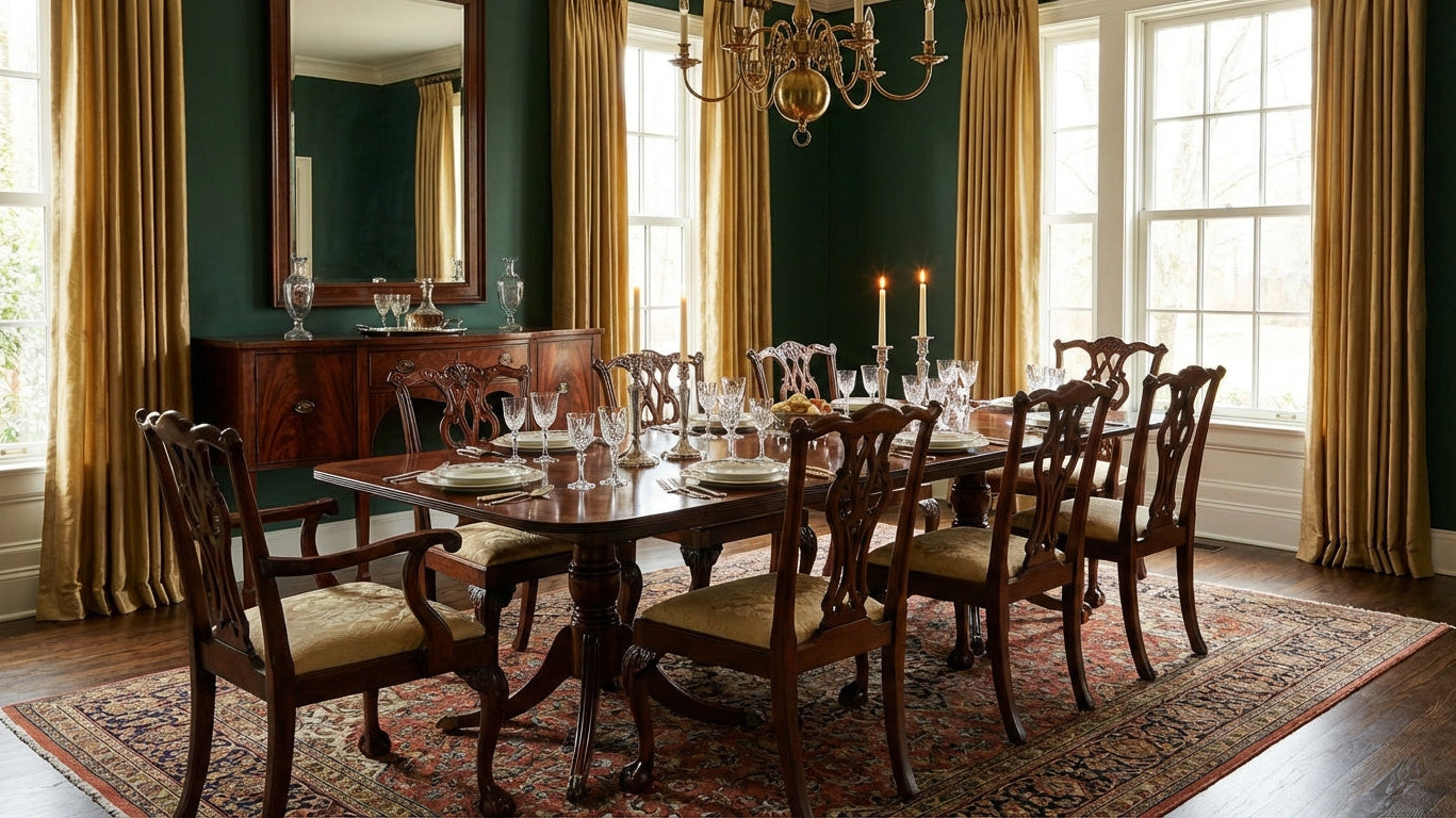 Formal mahogany dining room with Chippendale chairs and flame mahogany sideboard - old money interior design