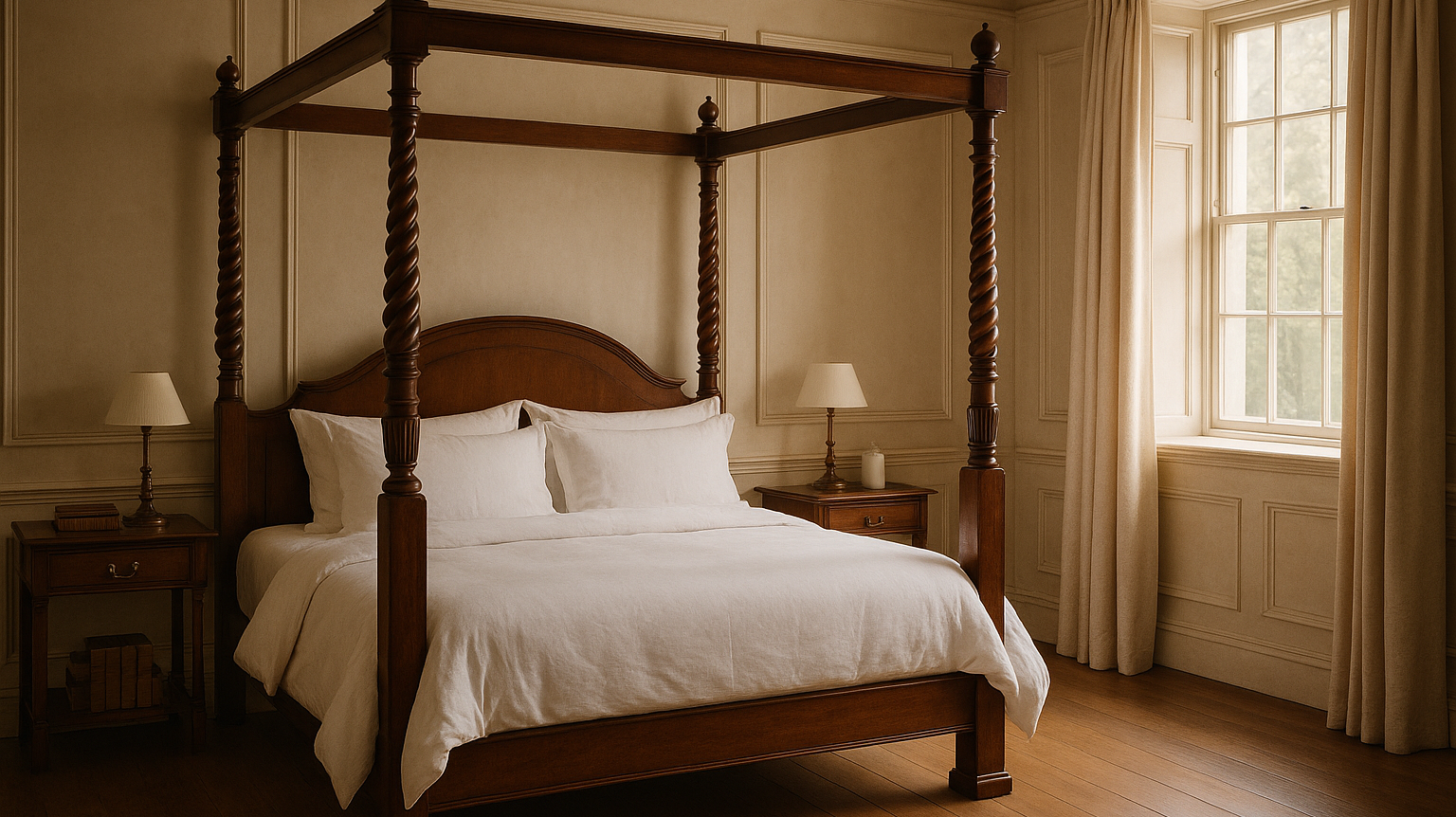 Tech-free luxury bedroom with mahogany four-poster bed and warm natural light