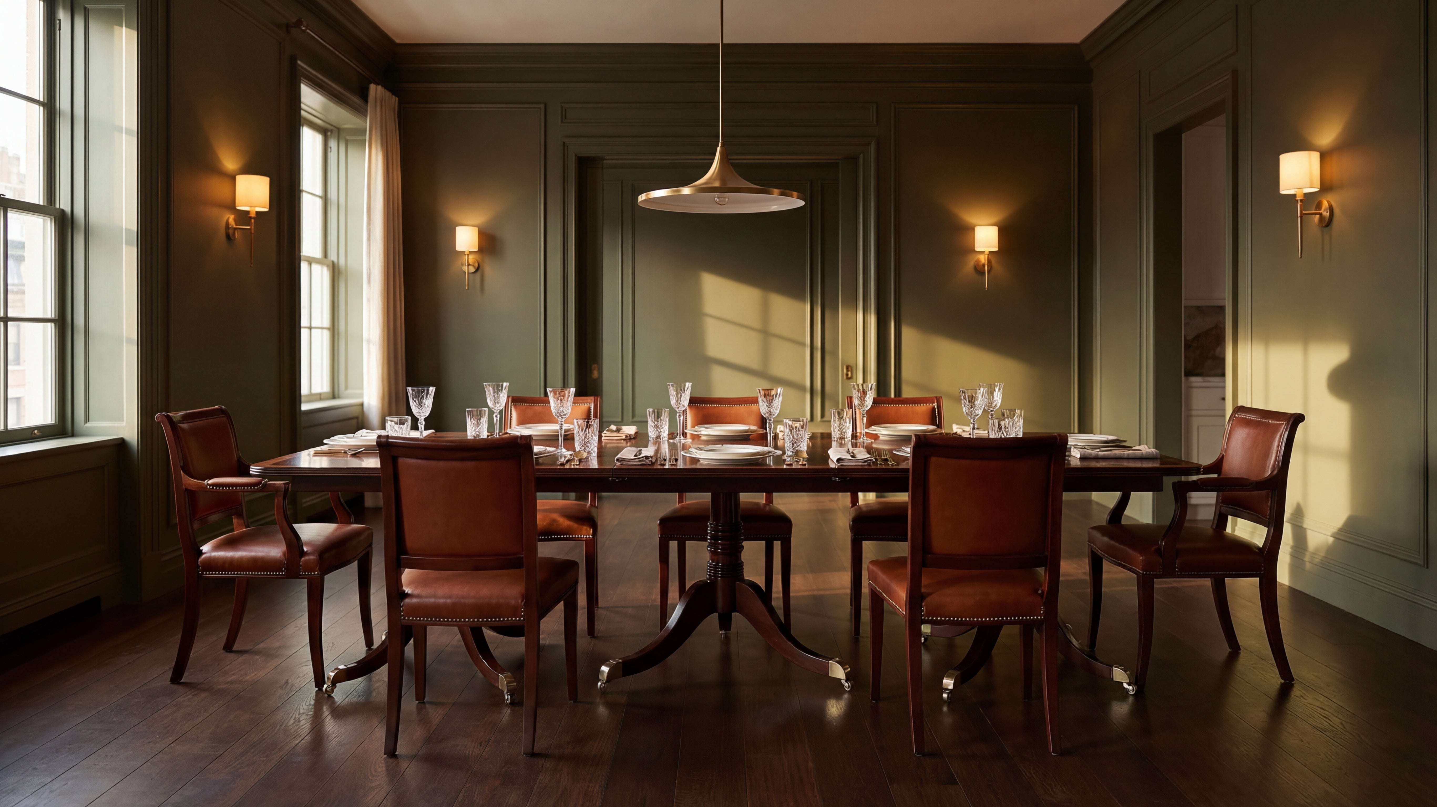 Mahogany reproduction dining table set for eight in a modern traditional dining room with olive-green walls and warm evening light