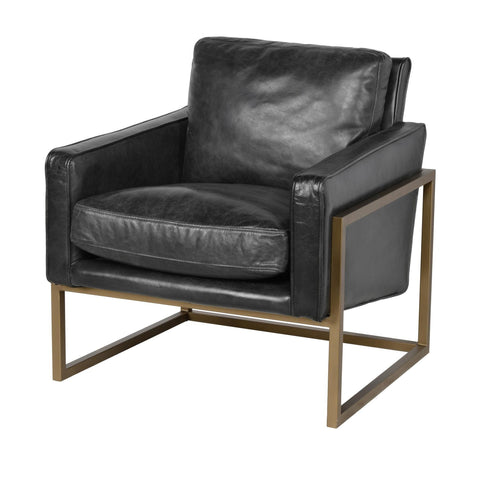 Leather Accent Chair in Jet Black with Brass Finish