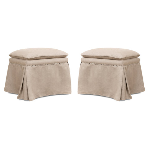 Skirted Linen Ottomans, Beige on Natural Oak, Sets of 2
