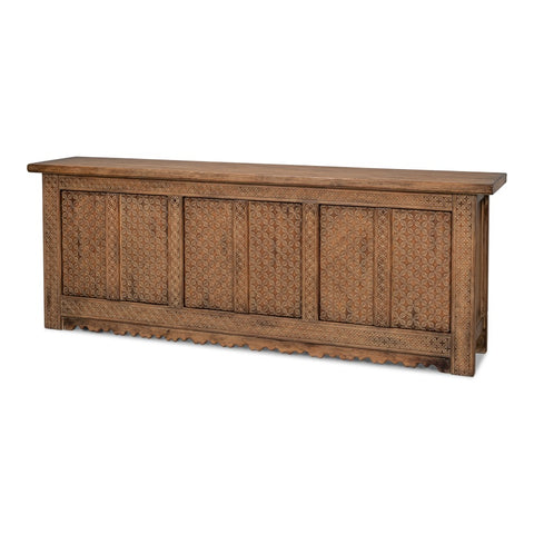 Rustic Carved Moroccan Sideboard, 98" - Burnt-Brown Reclaimed Pine with Geometric Door Panels
