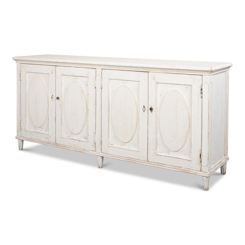 French Provincial Reeded Sideboard, 78" - Whitewashed with Oval Medallions