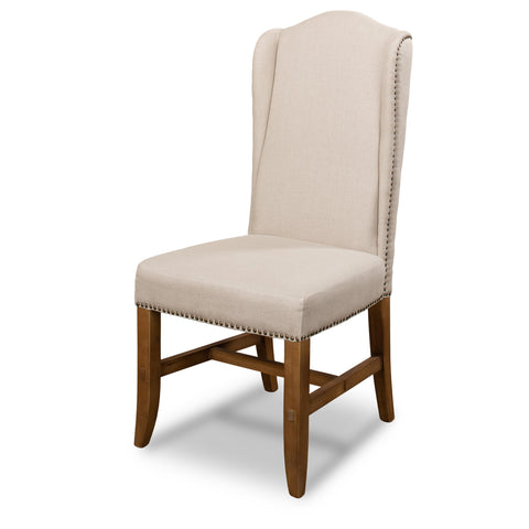Wingback Dining Chairs in Beige Linen with Nailheads, Sets of 2