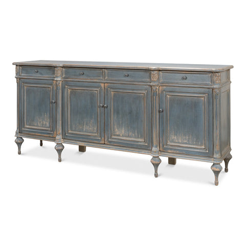 French Provincial Pine Sideboard with Antiqued Blue Painted Finish