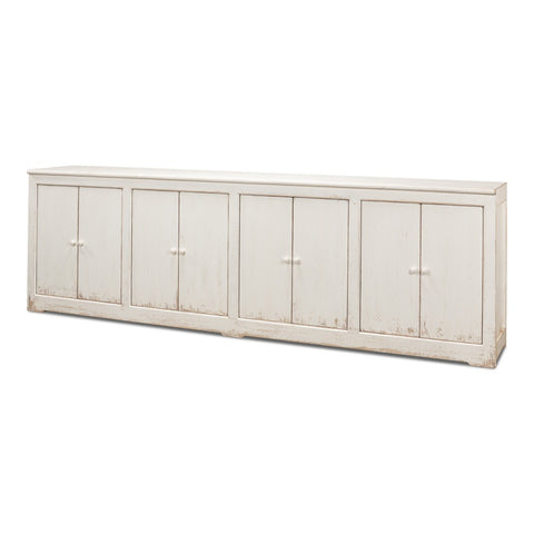 Farmhouse Eight-Door Sideboard, 122" - Whitewashed Reclaimed Pine with Tall Panel Doors