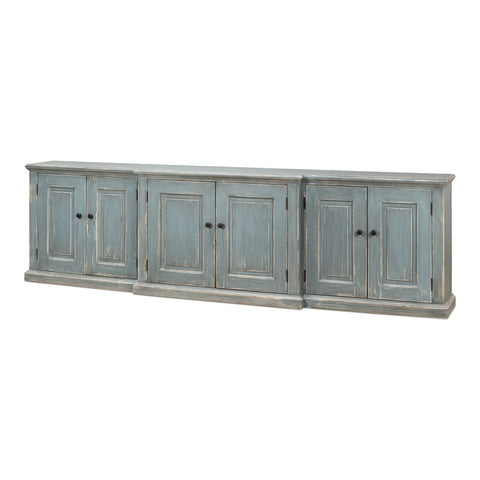 Traditional Six-Door Credenza, 122" - Distressed Blue-Grey Pine with Paneled Doors