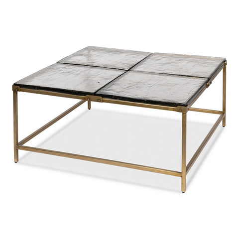 Modern Square Cocktail Table in Aged Brass and Cast Glass