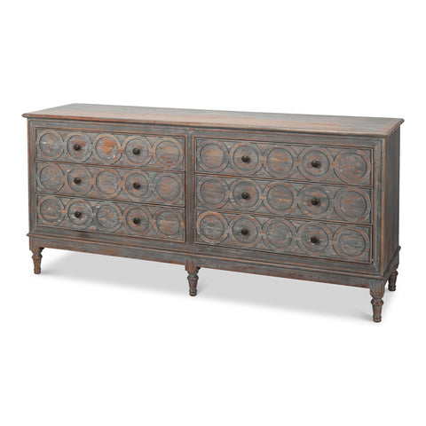 Rustic French Carved Sideboard - Distressed Finish, 6 Drawers
