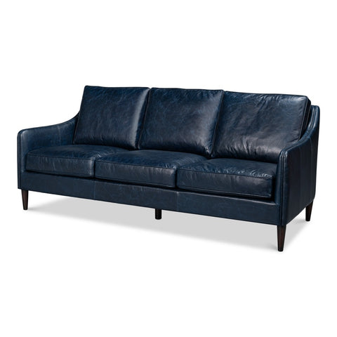 Contemporary Blue Leather Sofa with Track Arms