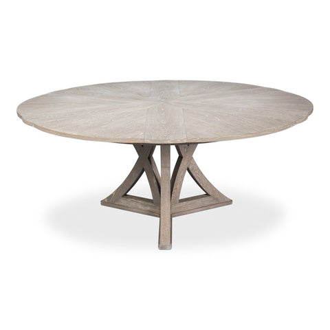 Transitional Round Jupe Dining Table, Large – Grey Oak with Sculptural X-Form Pedestal