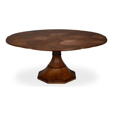 Transitional Round Jupe Dining Table, Medium – Warm Brown Oak with Faceted Pedestal Base