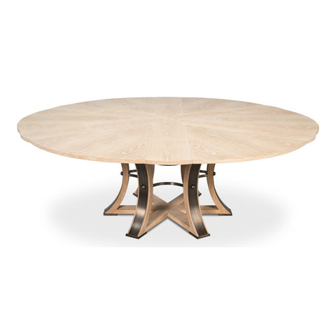Transitional Round Jupe Dining Table, Large – Bleached Oak with Hammered Iron Base