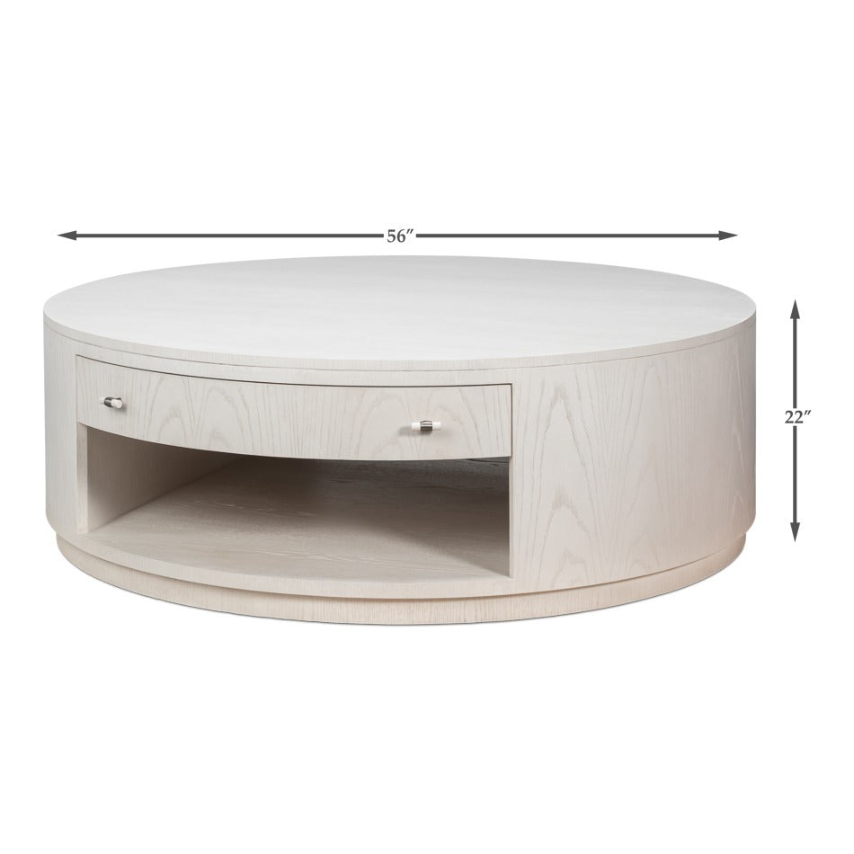 White Contemporary Round Drum Cocktail Table, 56" - dimension drawing
