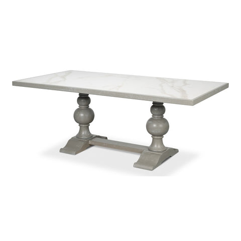 Transitional 81-Inch Dining Table with Porcelain Calacatta Top and Turned Trestle Base