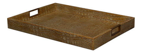Croc Leather Tray in Antique Green