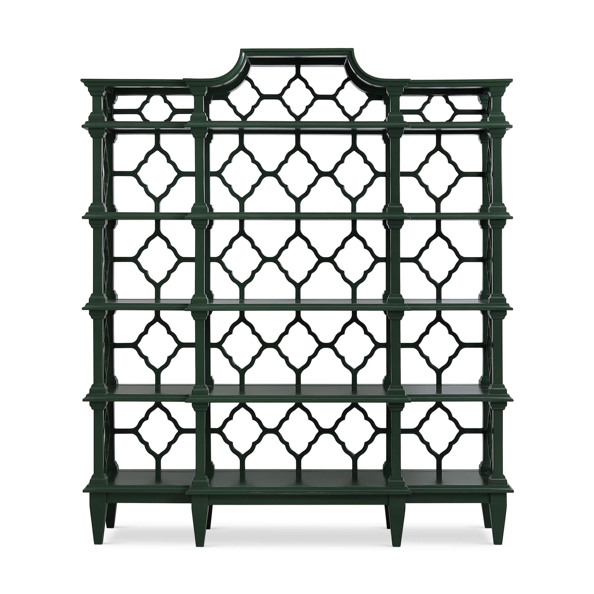 Front view of emerald green Chippendale trellis bookshelf.
