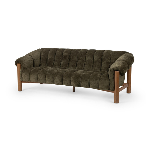 Channel-Tufted Sofa with Oak Frame - Olive Green