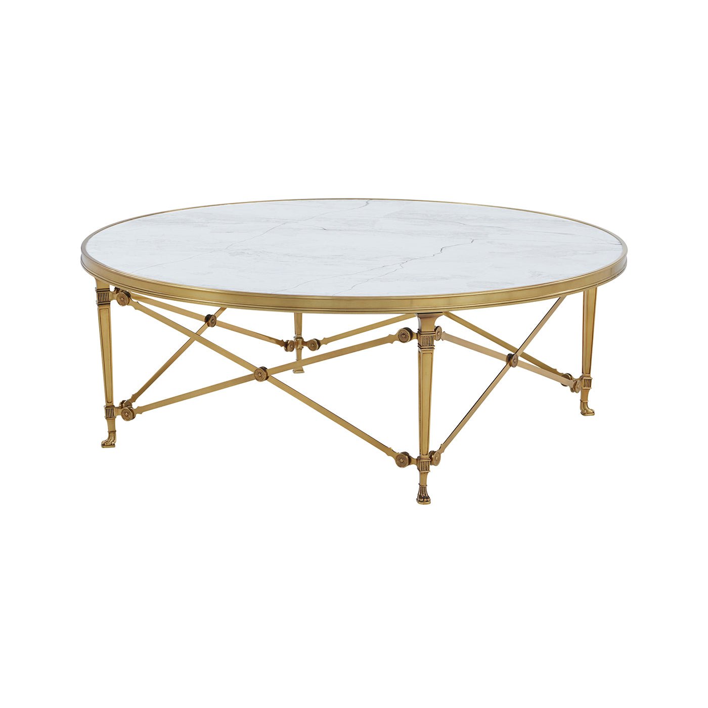 Round coffee table with gold frame, marble top.