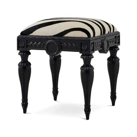 French Louis XVI Black Carved Zebra Vanity Stool