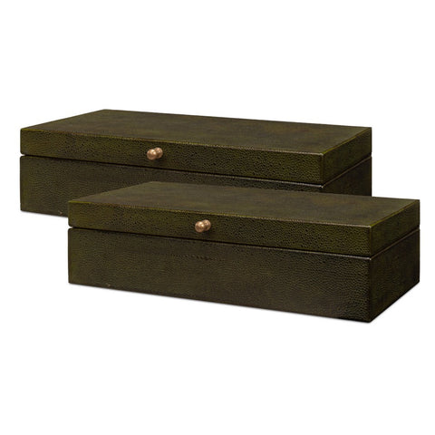 Deco Shagreen Boxes, Leaf Green Embossed Leather, Set of 2