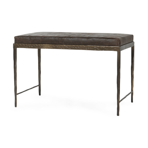 Leather Bench with Hammered Iron Base - Cocoa Brown