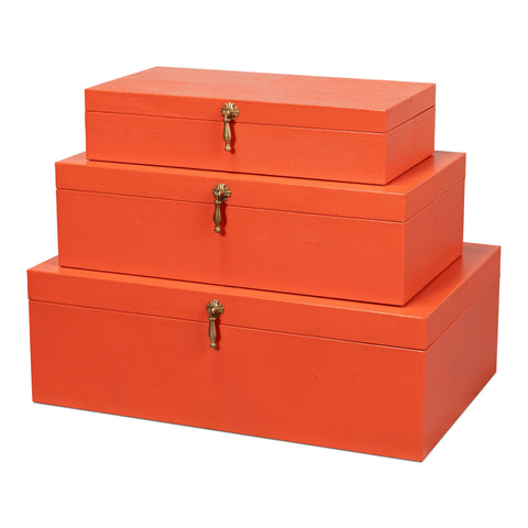 Orange Leather Nesting Boxes with Brass Tassels, Set of 3