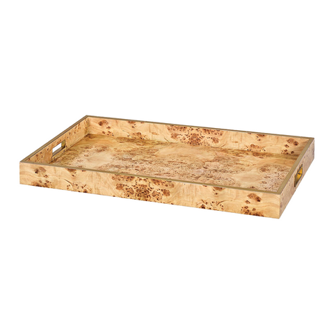 Contemporary Large Serving Tray with Brass Trim - Natural Burl Finish