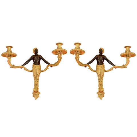 Pair Louis XV Bronze Nubian Two Light Sconces