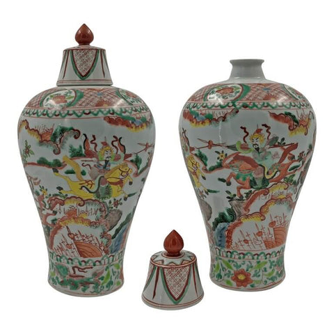Pair of Famille Rose Warrior Jars