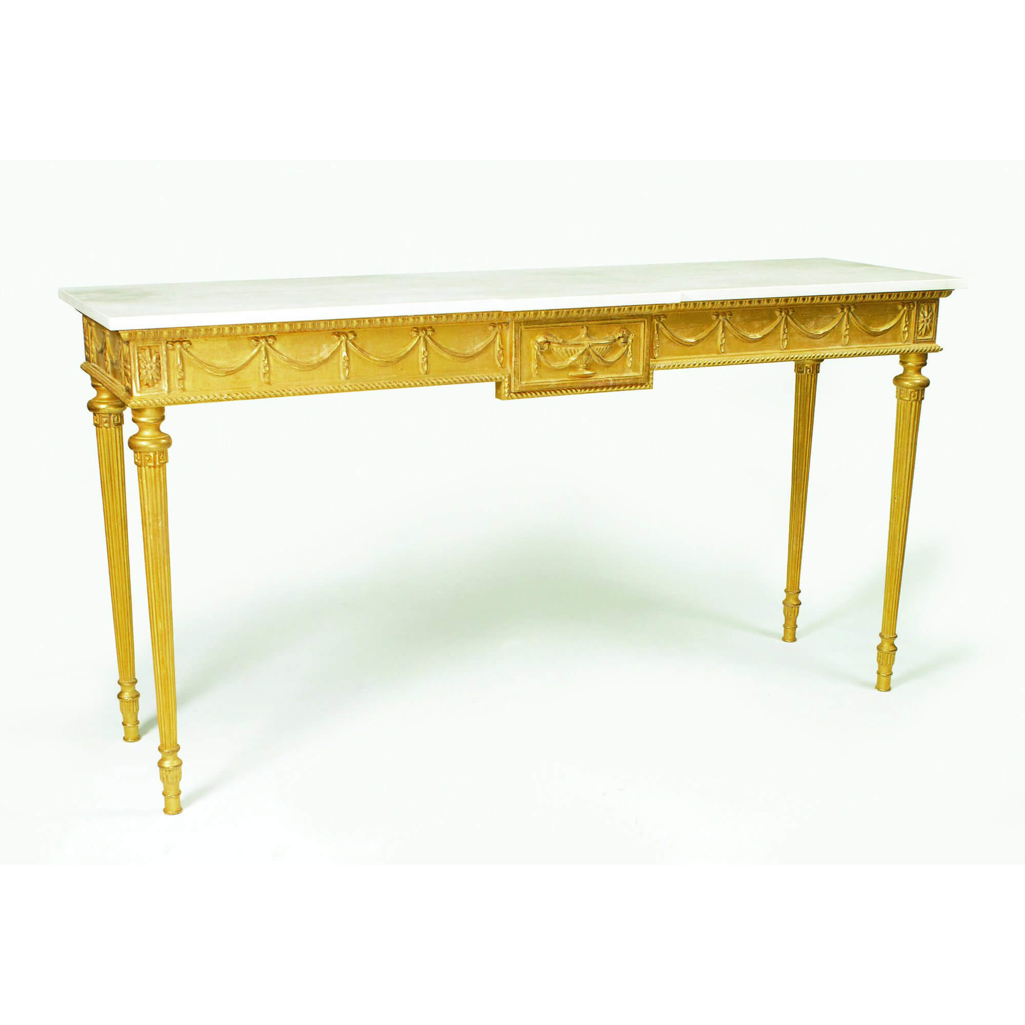 Gold marble top console table with intricate carvings.