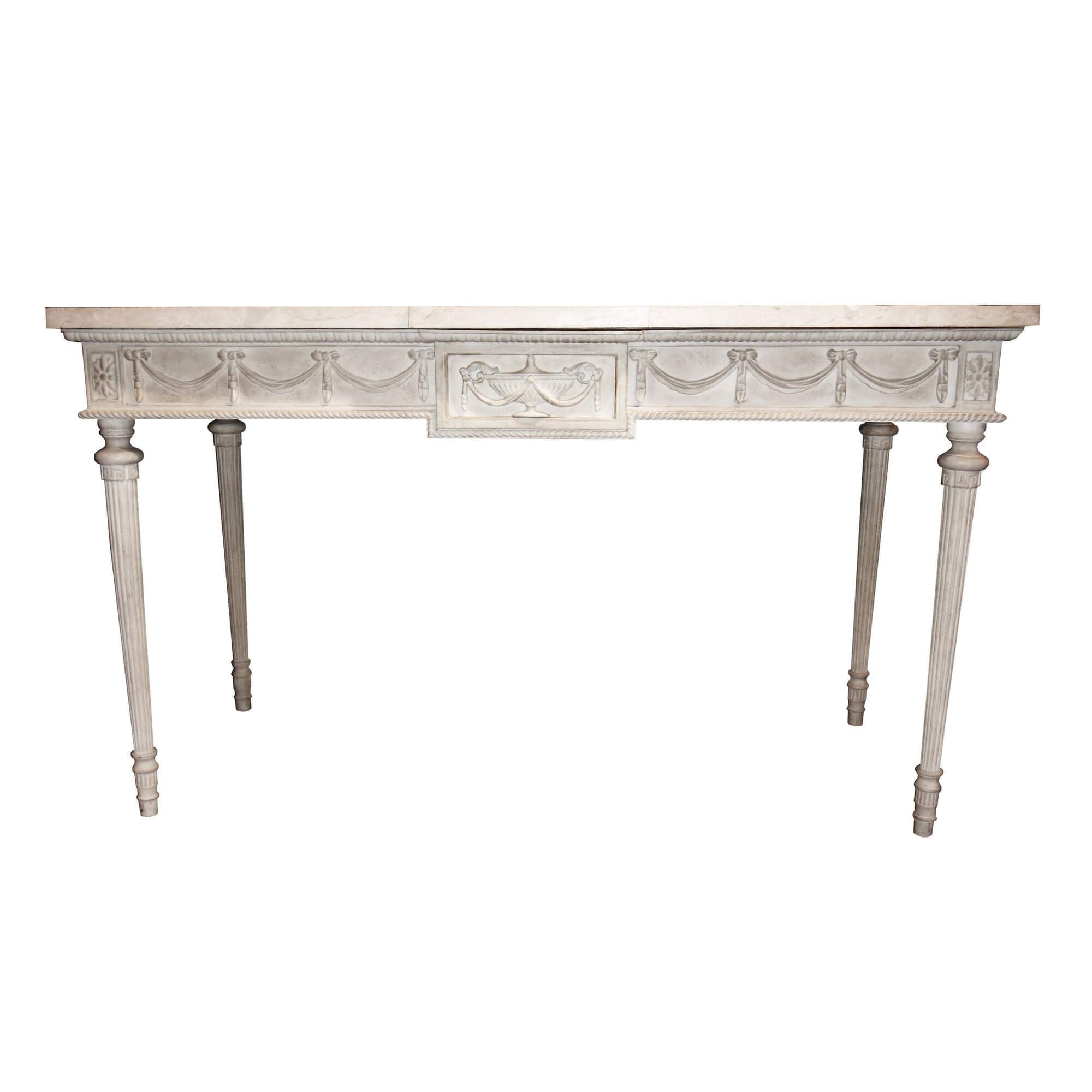 Gray carved marble top console table with ornate details.