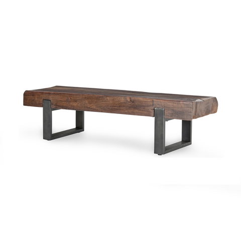 Rustic Reclaimed Wood Bench with Iron Base, 58 in