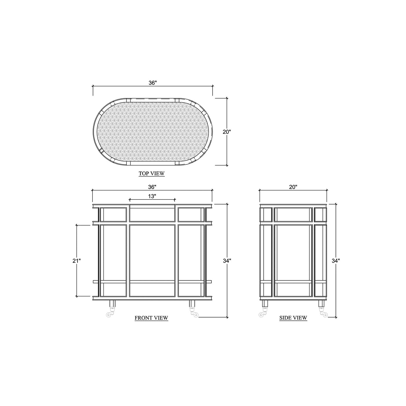 Bar cart dimensions illustration, top and front views included.