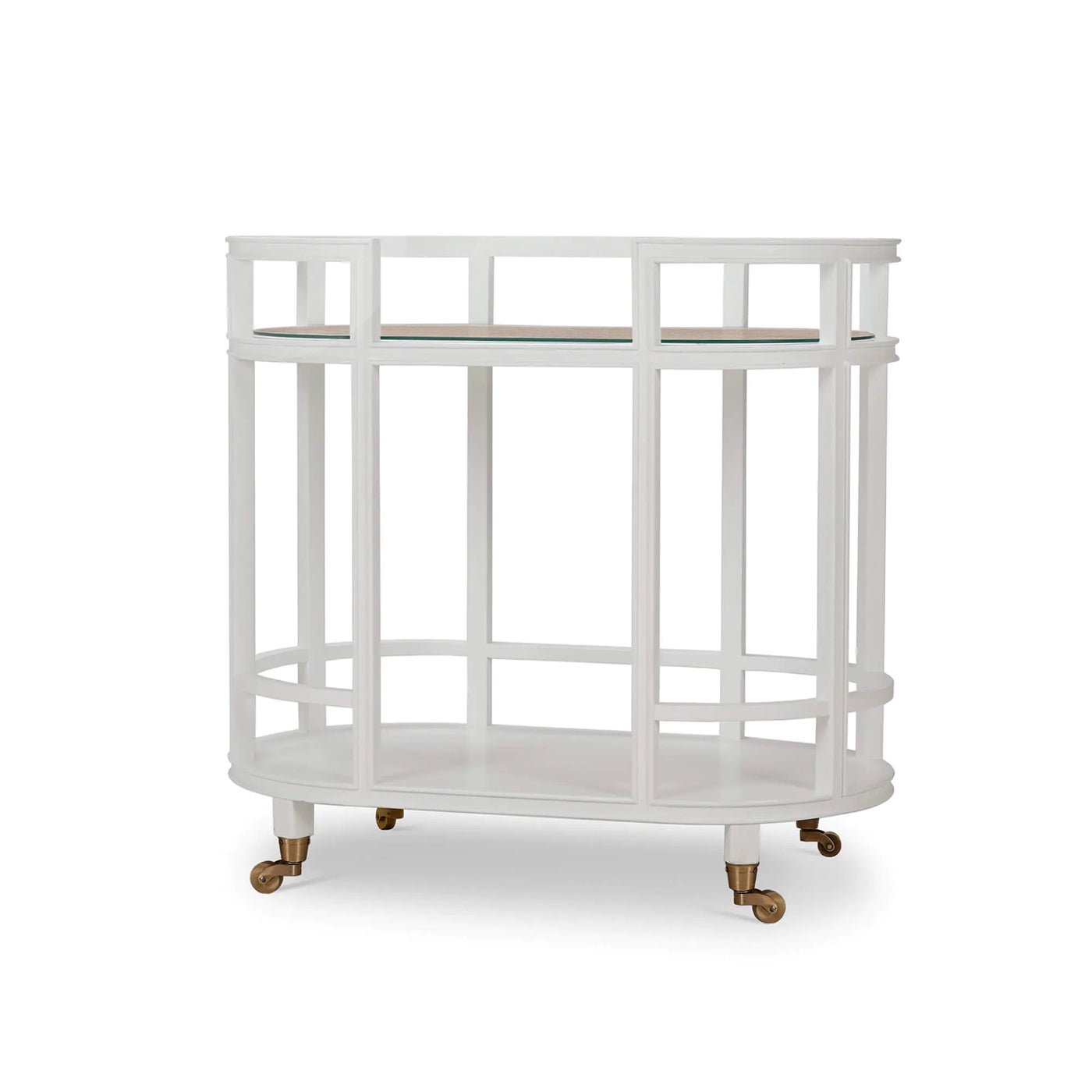 White bar cart with glass shelf, side view.