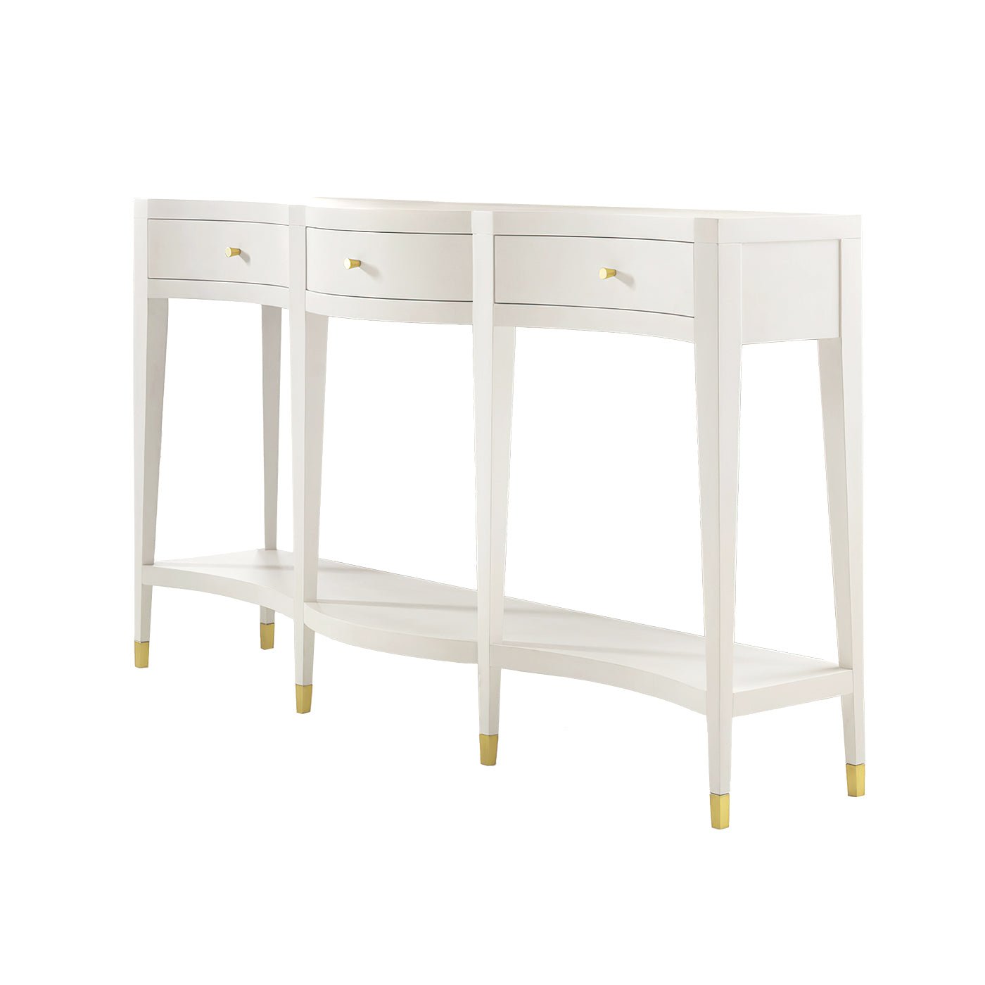 White curved console table on white background, three drawers.