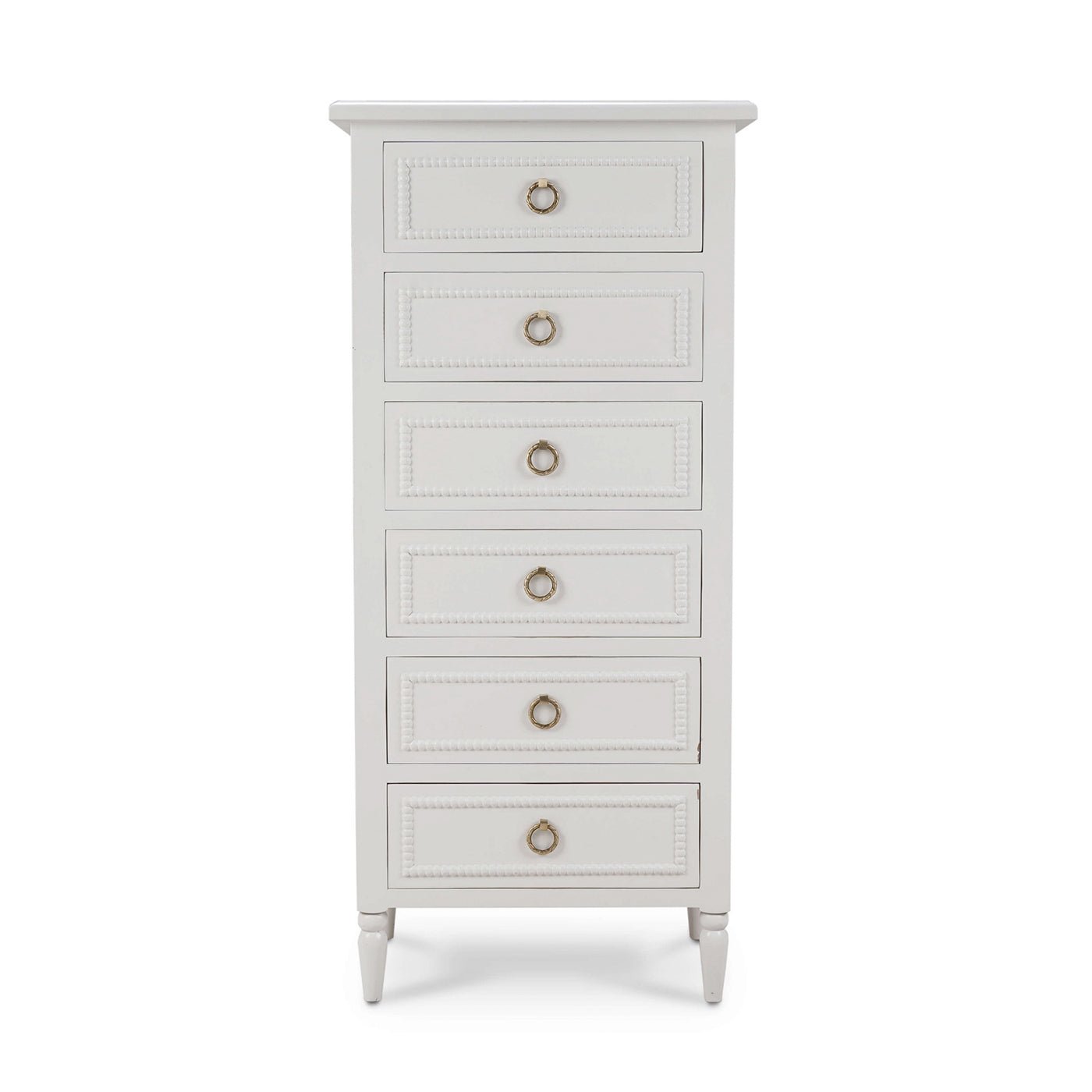 Front view of white chest with ornate detailing.
