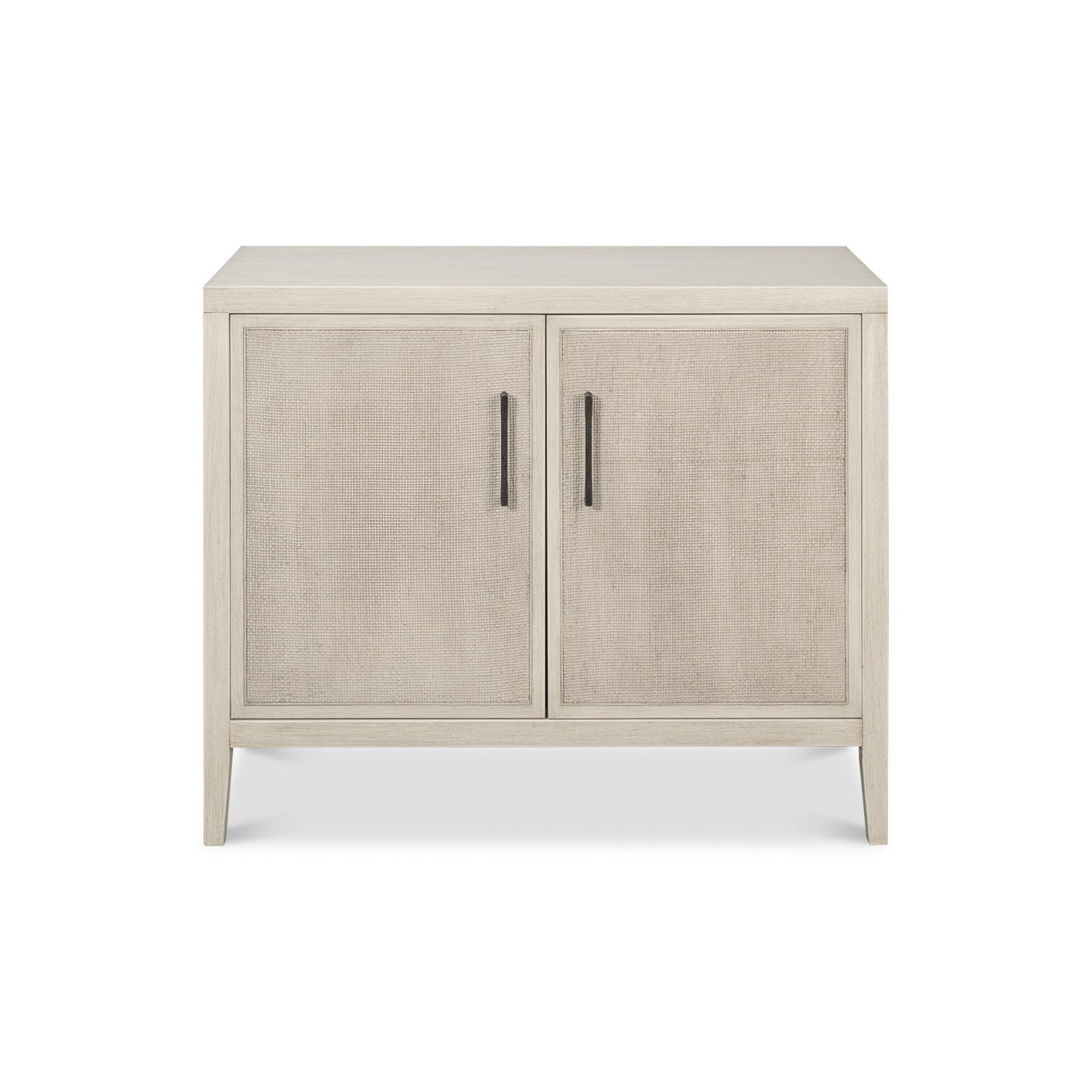 Modern side cabinet, front perspective, light finish.