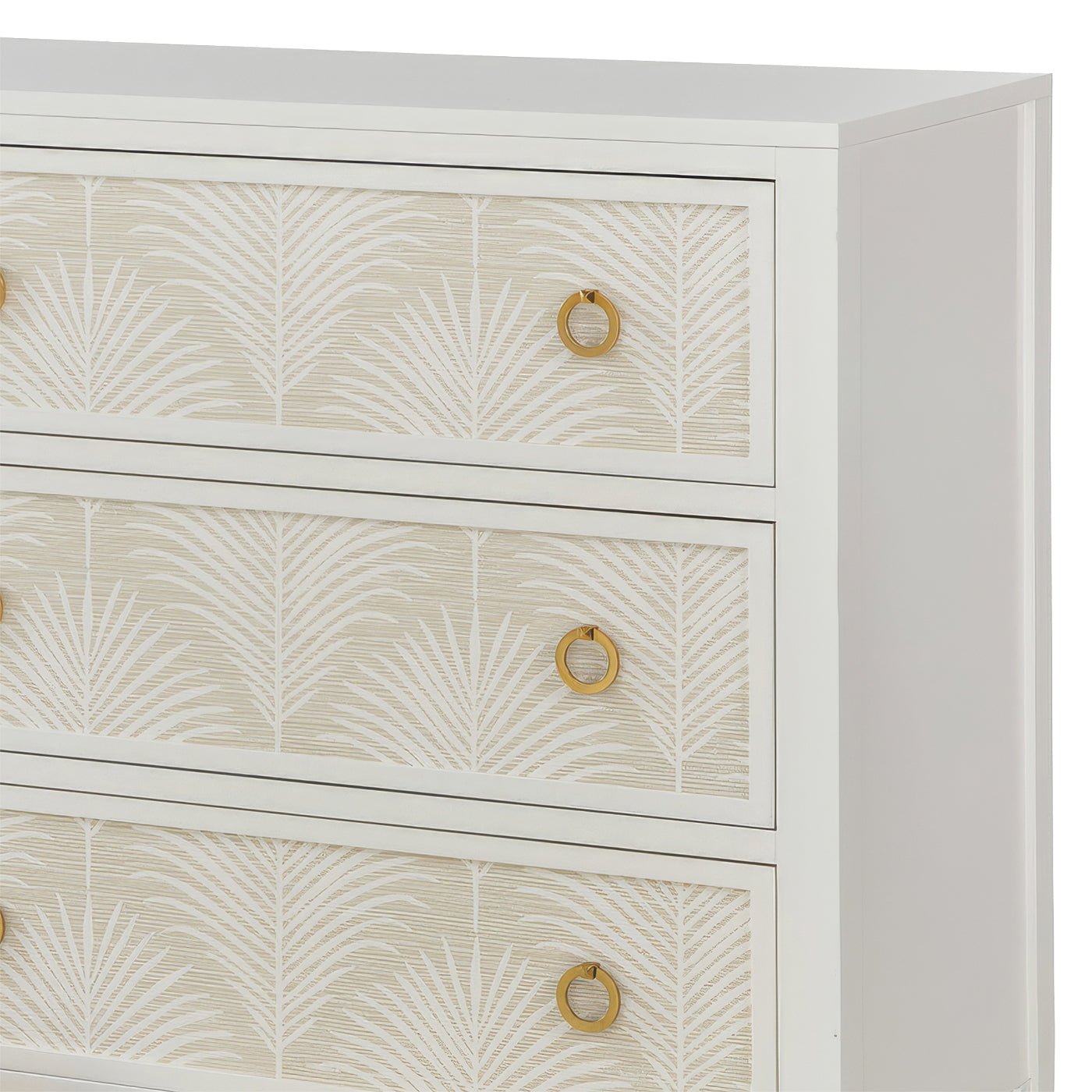 Close-up of white dresser drawer with palm detail.