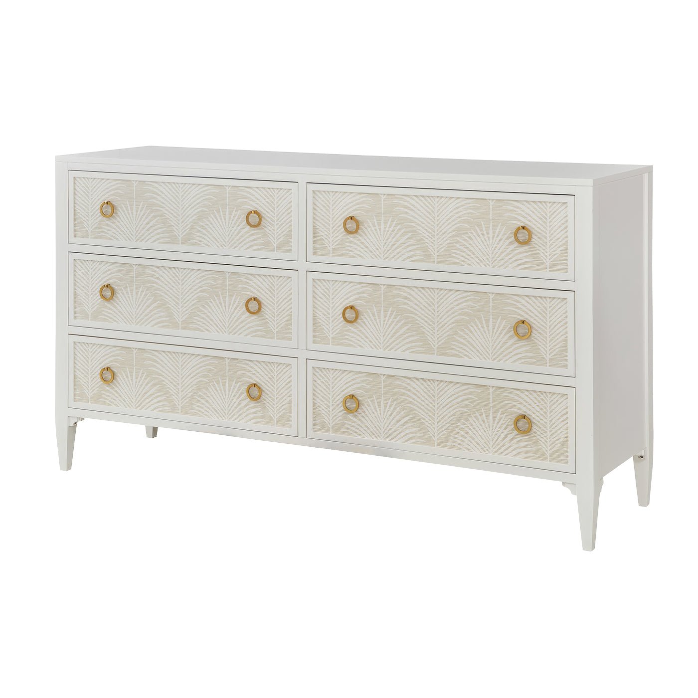 White six-drawer dresser with palm design.