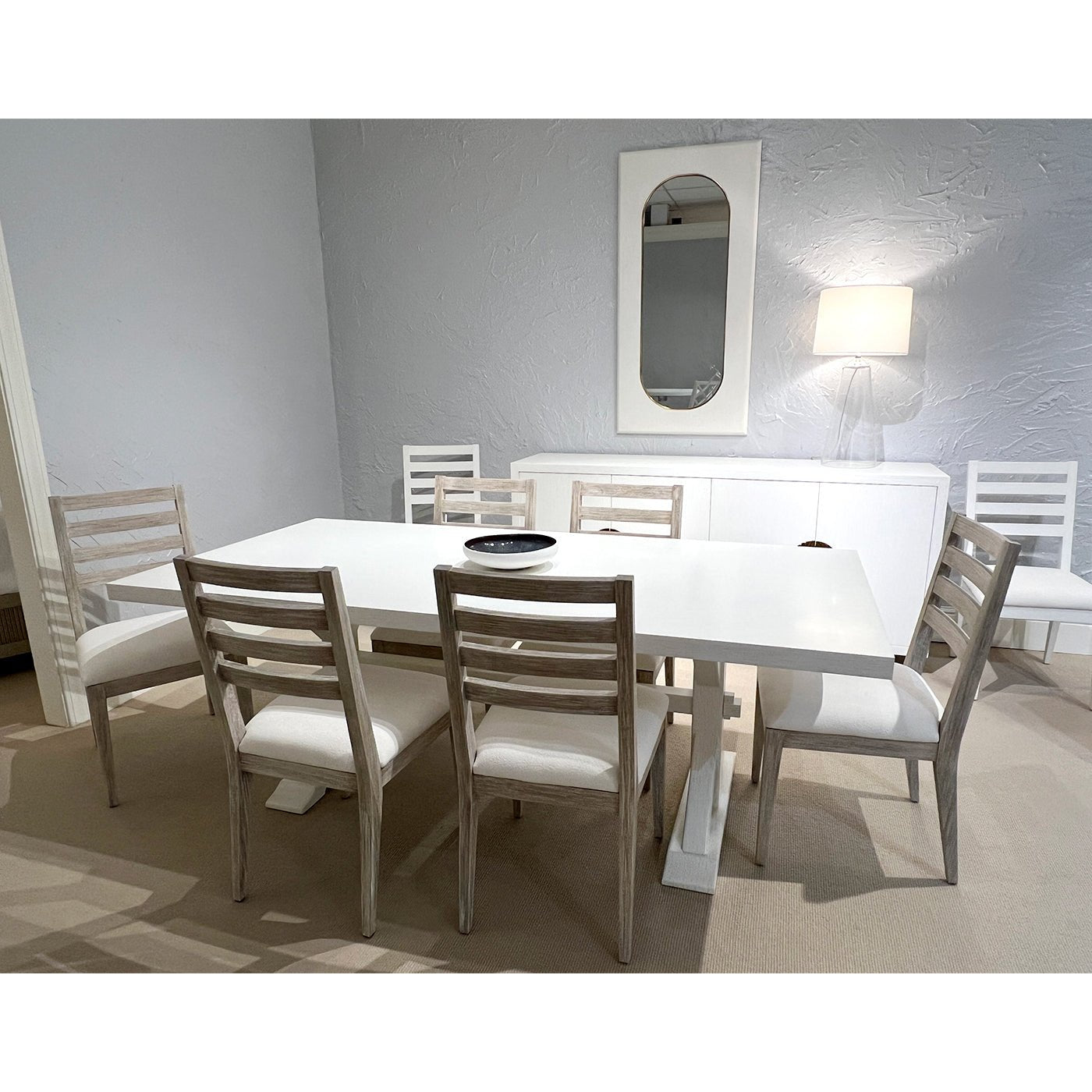 Dining table set, chairs included, modern dining room setup.
