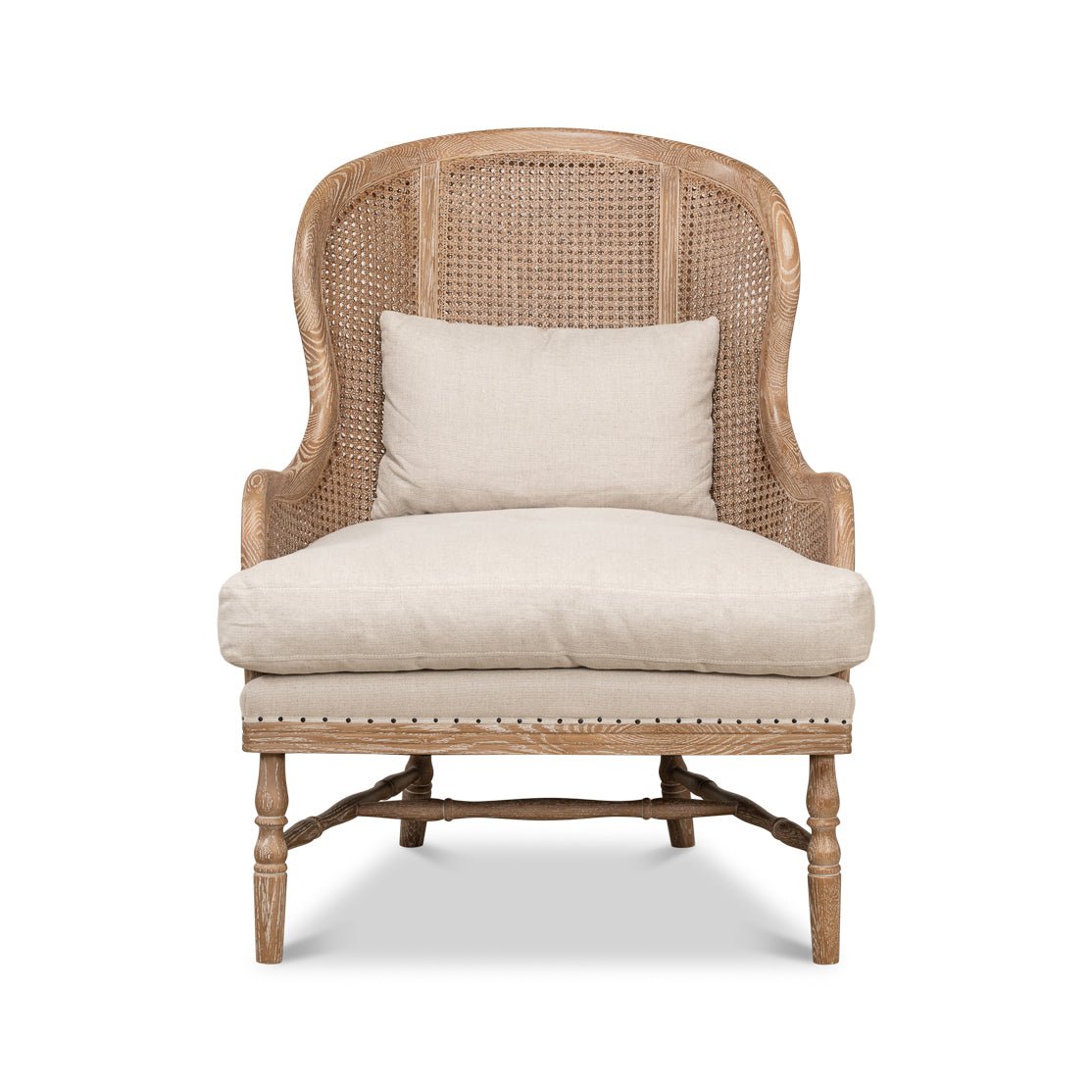 Front view of French oak armchair with cushion.