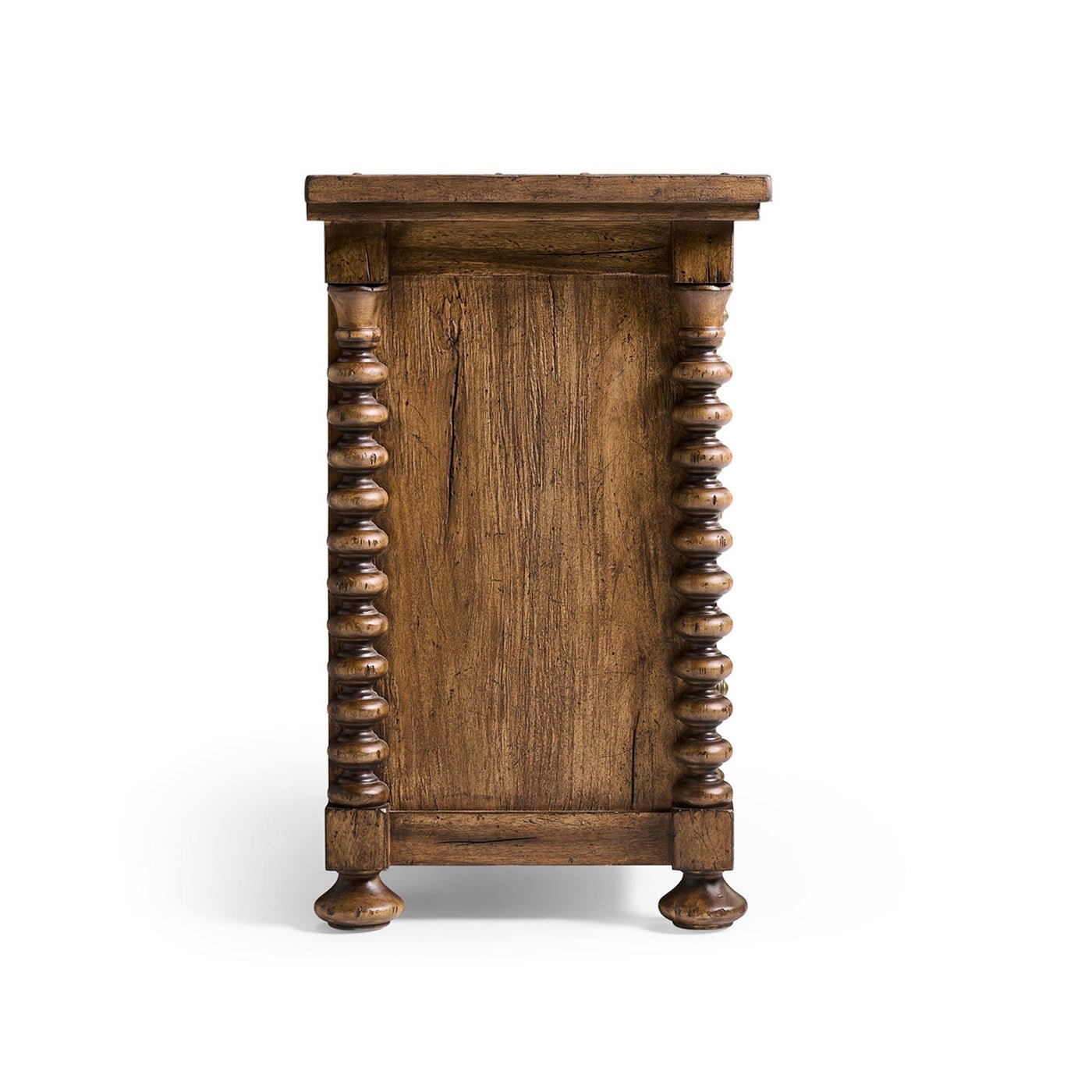 Side view of nightstand, showcasing turned wooden legs.