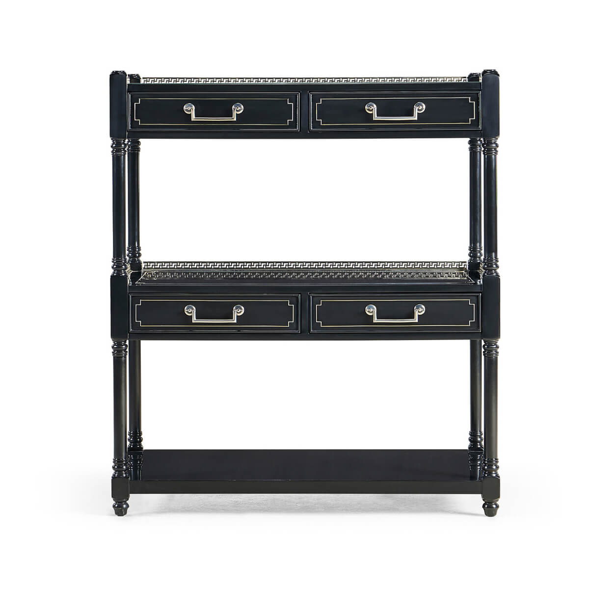 Wide painted etagere, front view showing drawer details.