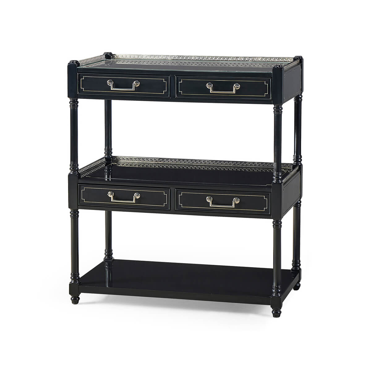 Wide painted etagere with drawers, angled side view.