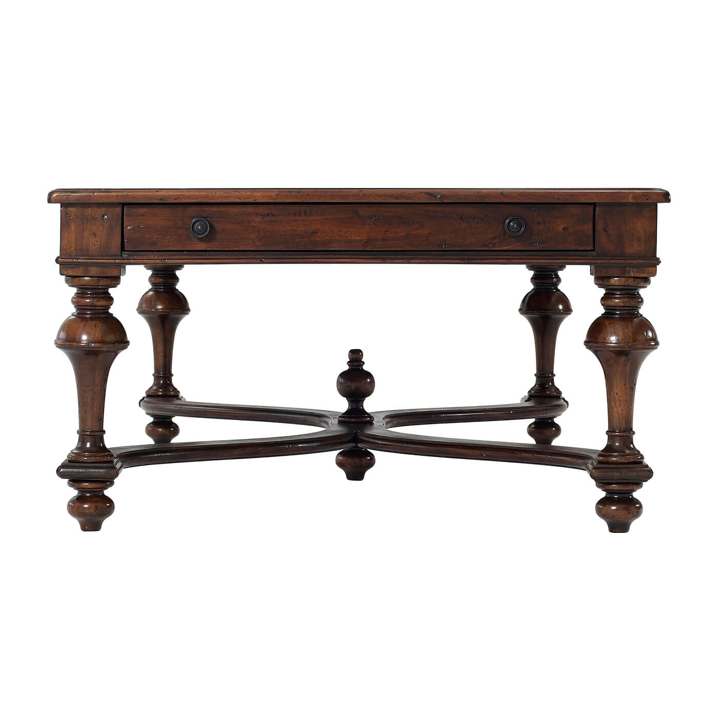 End view highlighting coffee table's drawer and leg design.