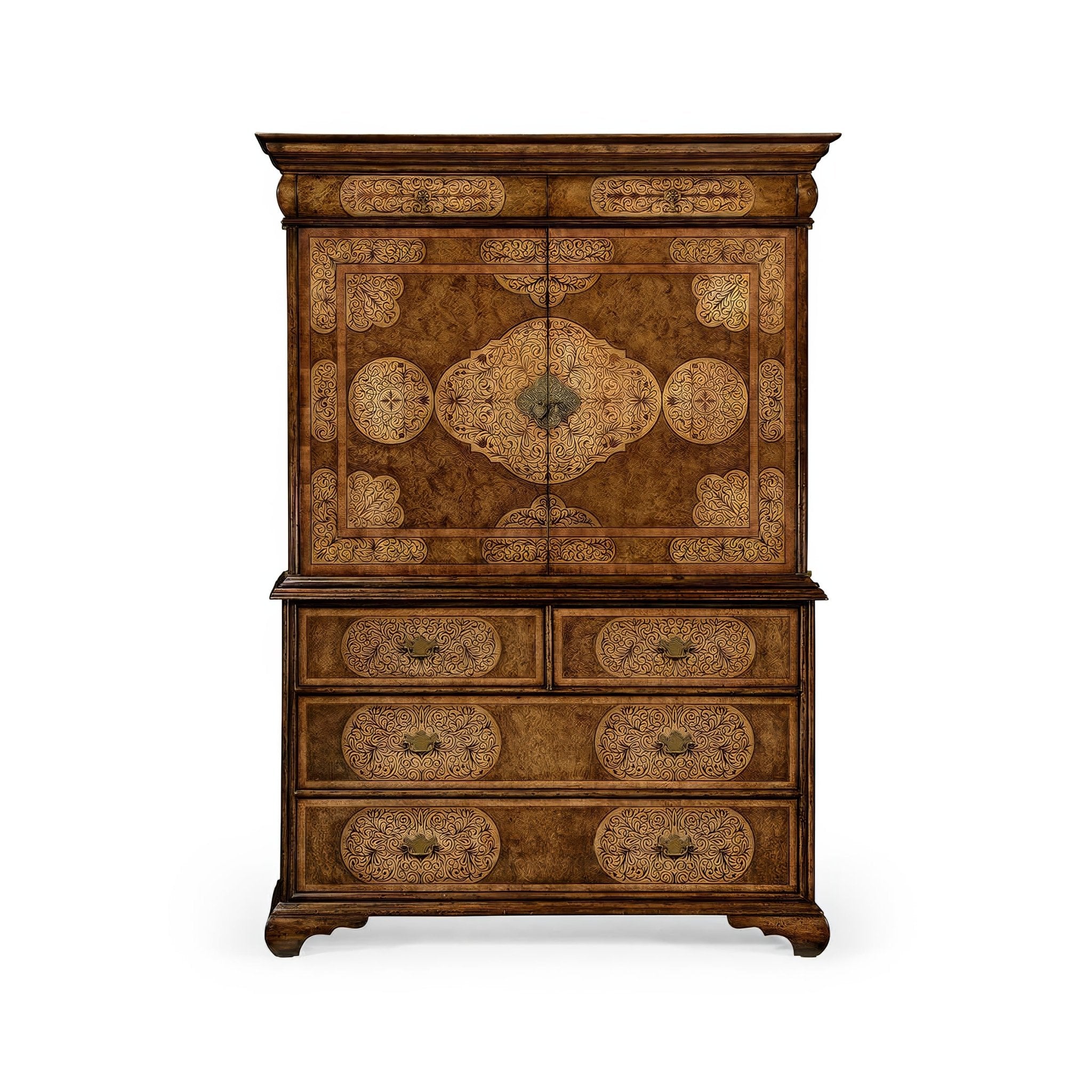 Front view, cabinet closed, detailed marquetry patterns.