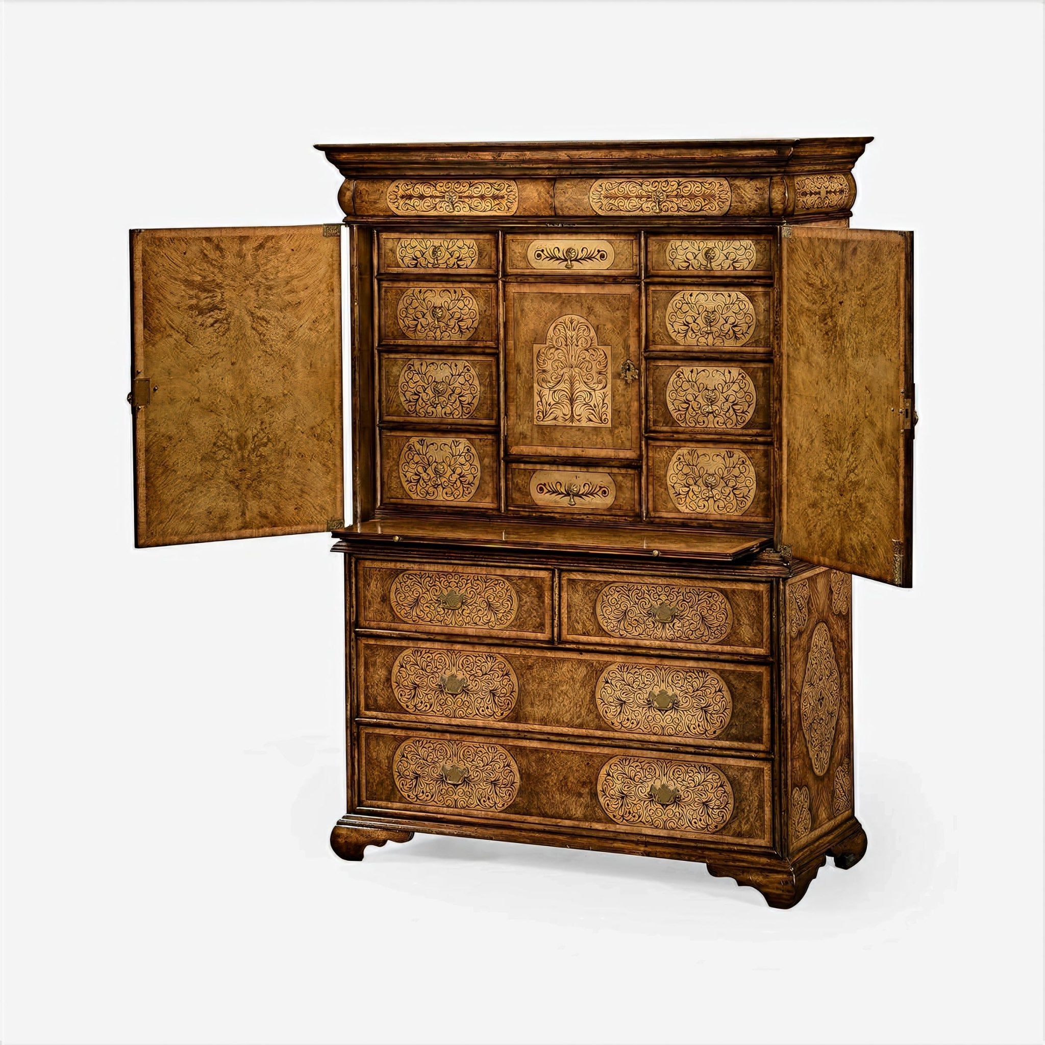 Open cabinet, showcasing compartmentalized interior, decorative details.