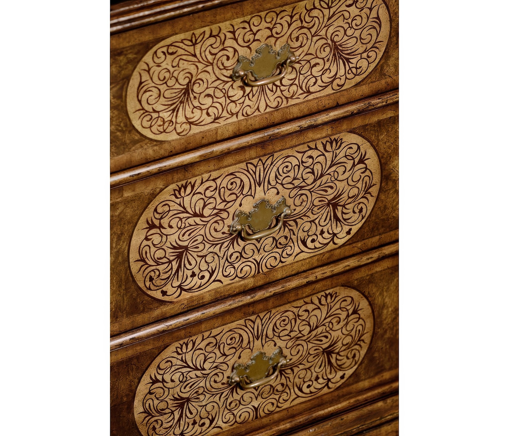 Detailed drawers, floral marquetry patterns on cabinet chest.