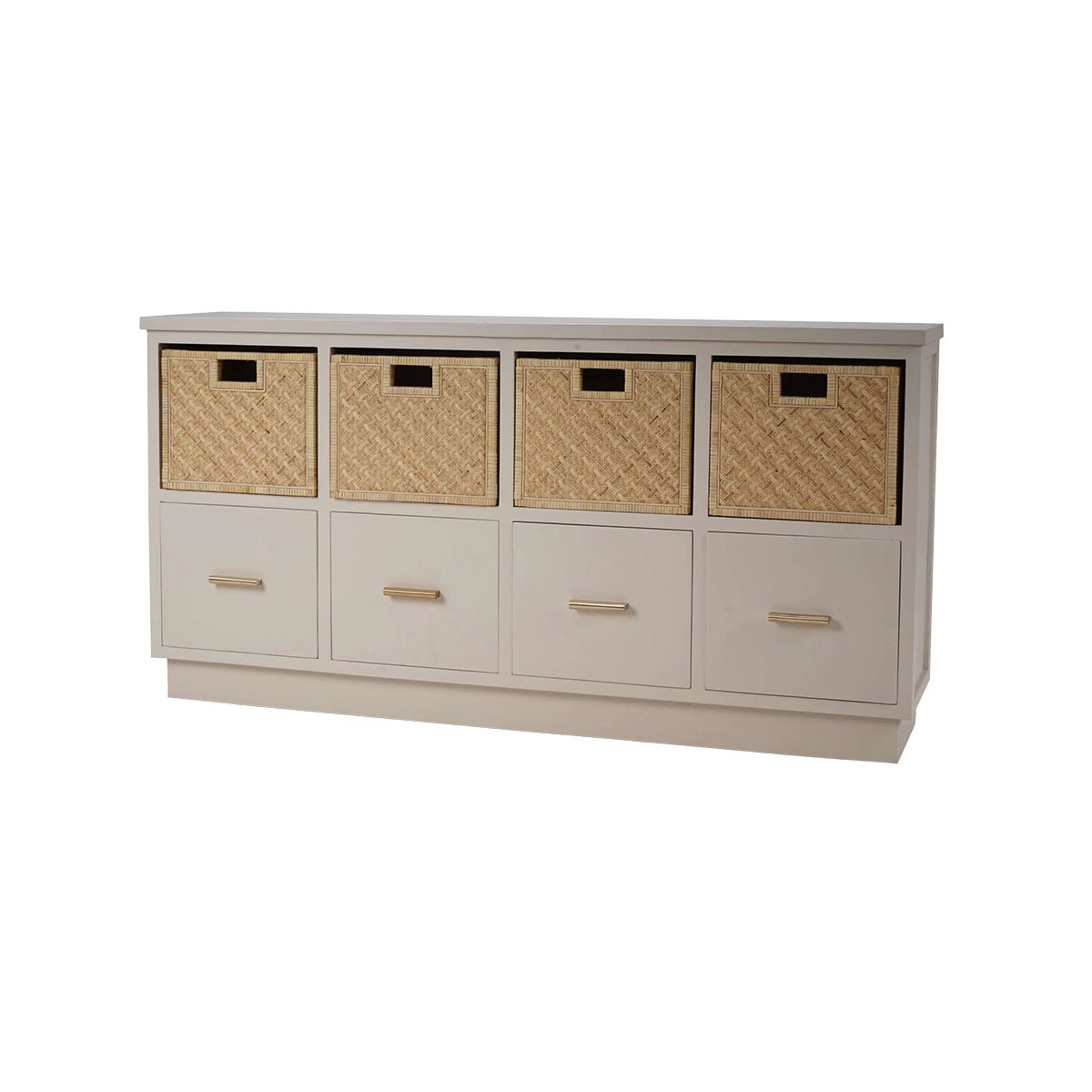 Wooden storage cubby with baskets, angled view.